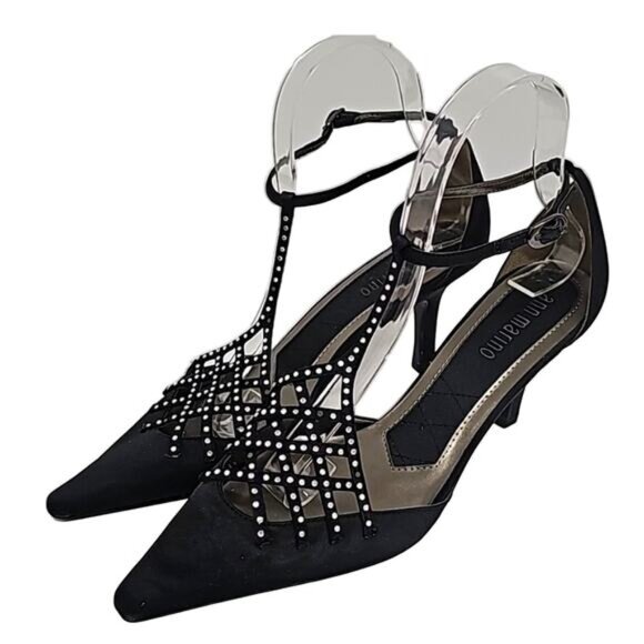 Ann Marino Shoes - Ann Marino Crystal Trim Pointed Toe Black High Heel Adjustable Ankle Strap 7.5M